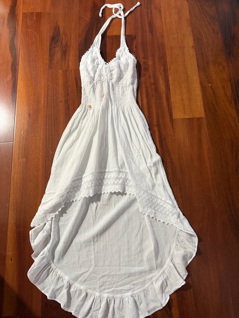 White Halter High-Low Lace Maxi Dress